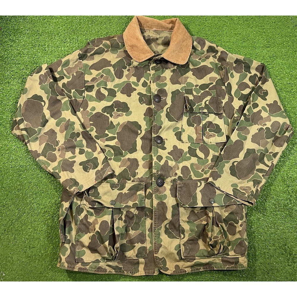 Vintage 60s Sears Duck Camo Hunting Jacket LG Corduroy Collar Ted Williams EUC